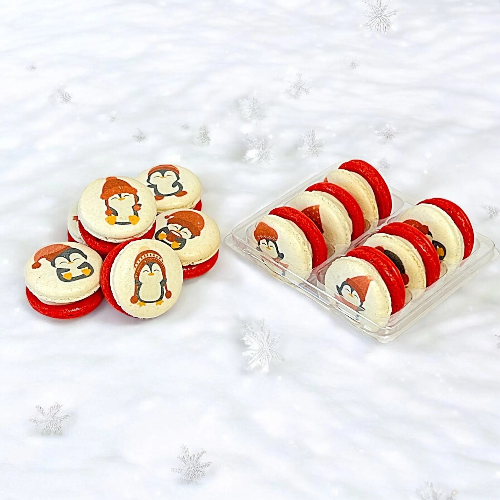 Penguin Winter Macaron Set - Red and White