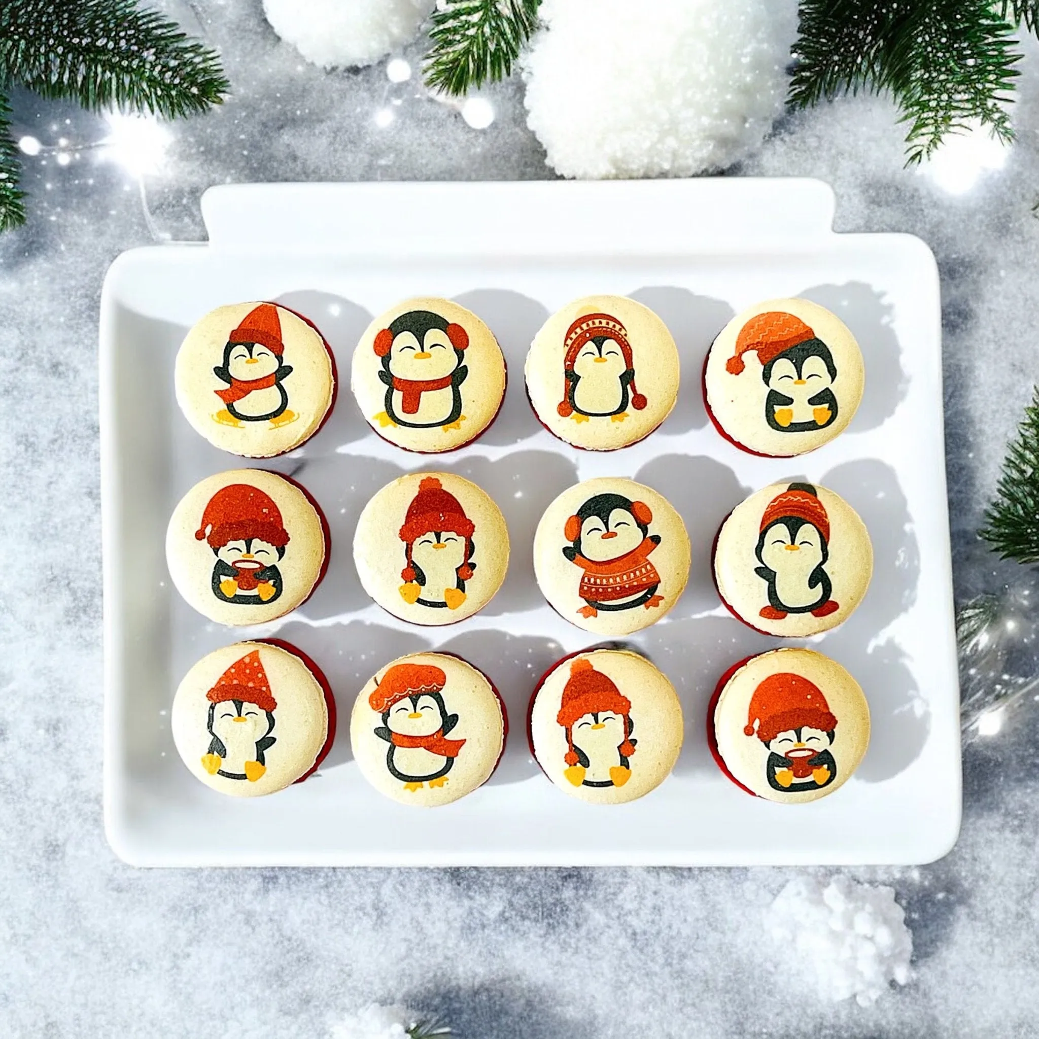 Penguin Winter Macaron Set - Red and White