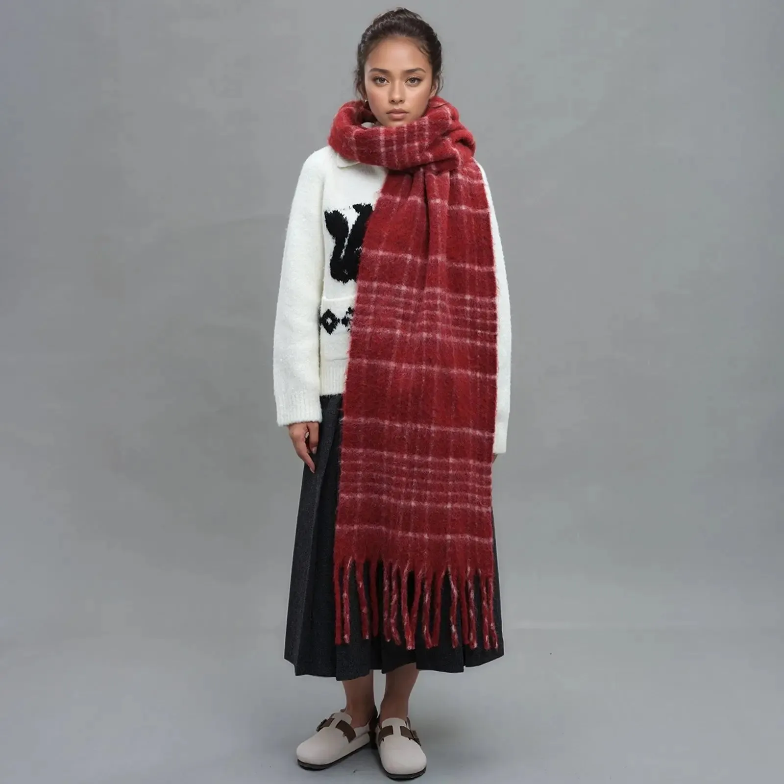 Plaid Wool Tassel Mohair Winter Scarf - Unisex Warmth