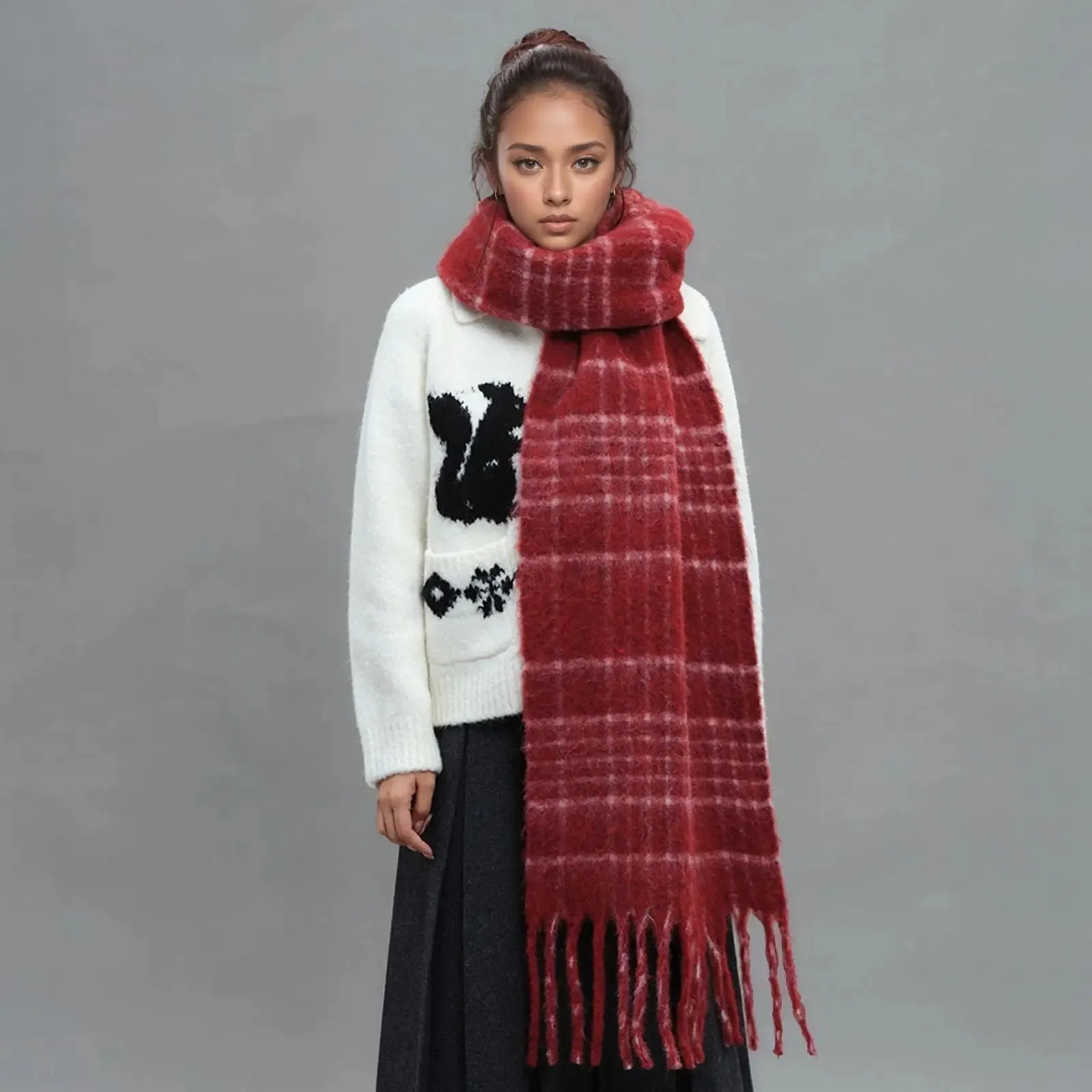 Plaid Wool Tassel Mohair Winter Scarf - Unisex Warmth