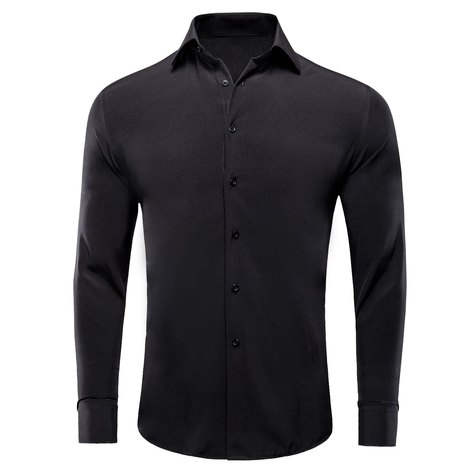 Pure Black Solid Cotton Stretchy Fabric Men's Long Sleeve Shirt