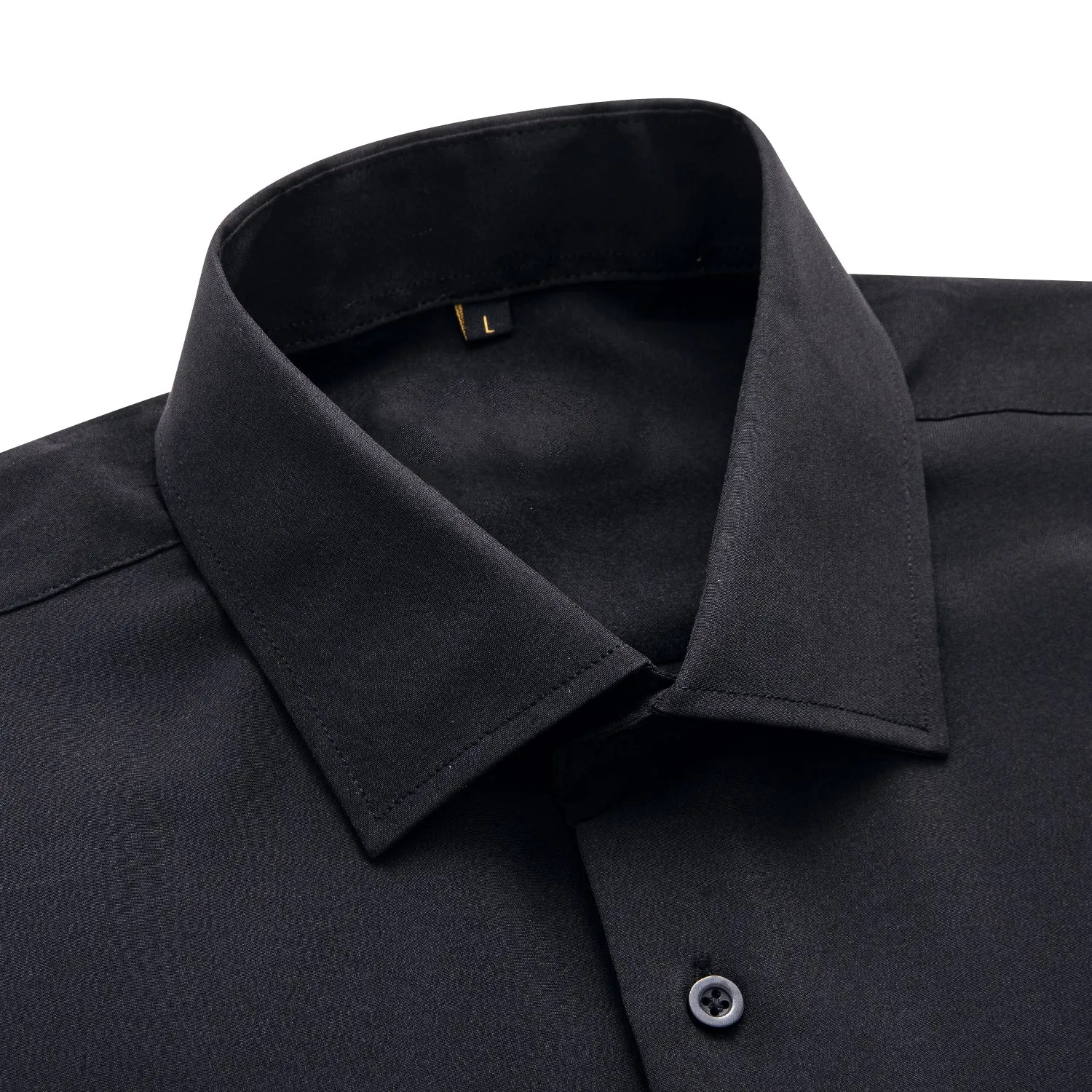 Pure Black Solid Cotton Stretchy Fabric Men's Long Sleeve Shirt