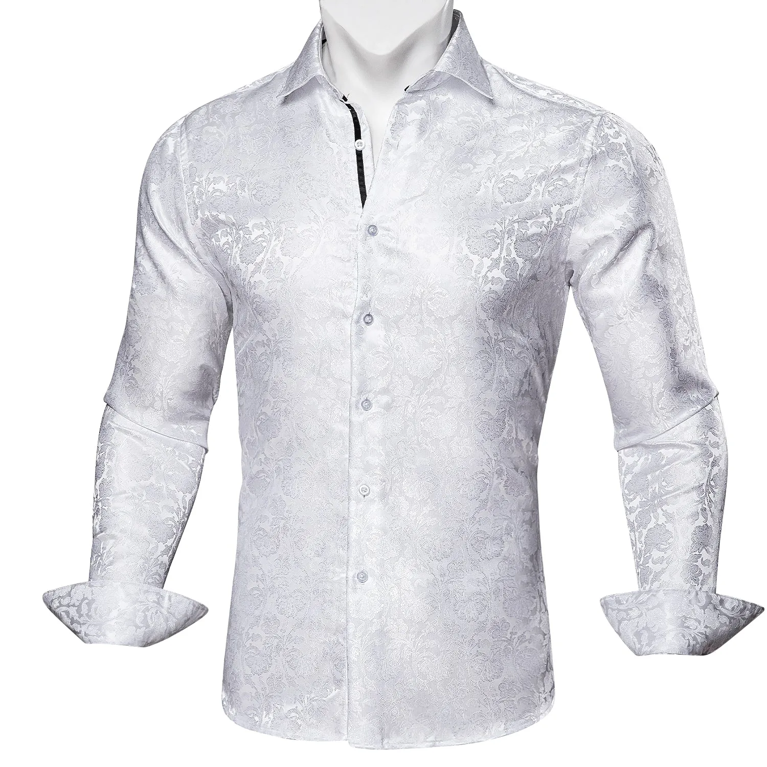 Pure White Floral Silk Men's Long Sleeve Shirt