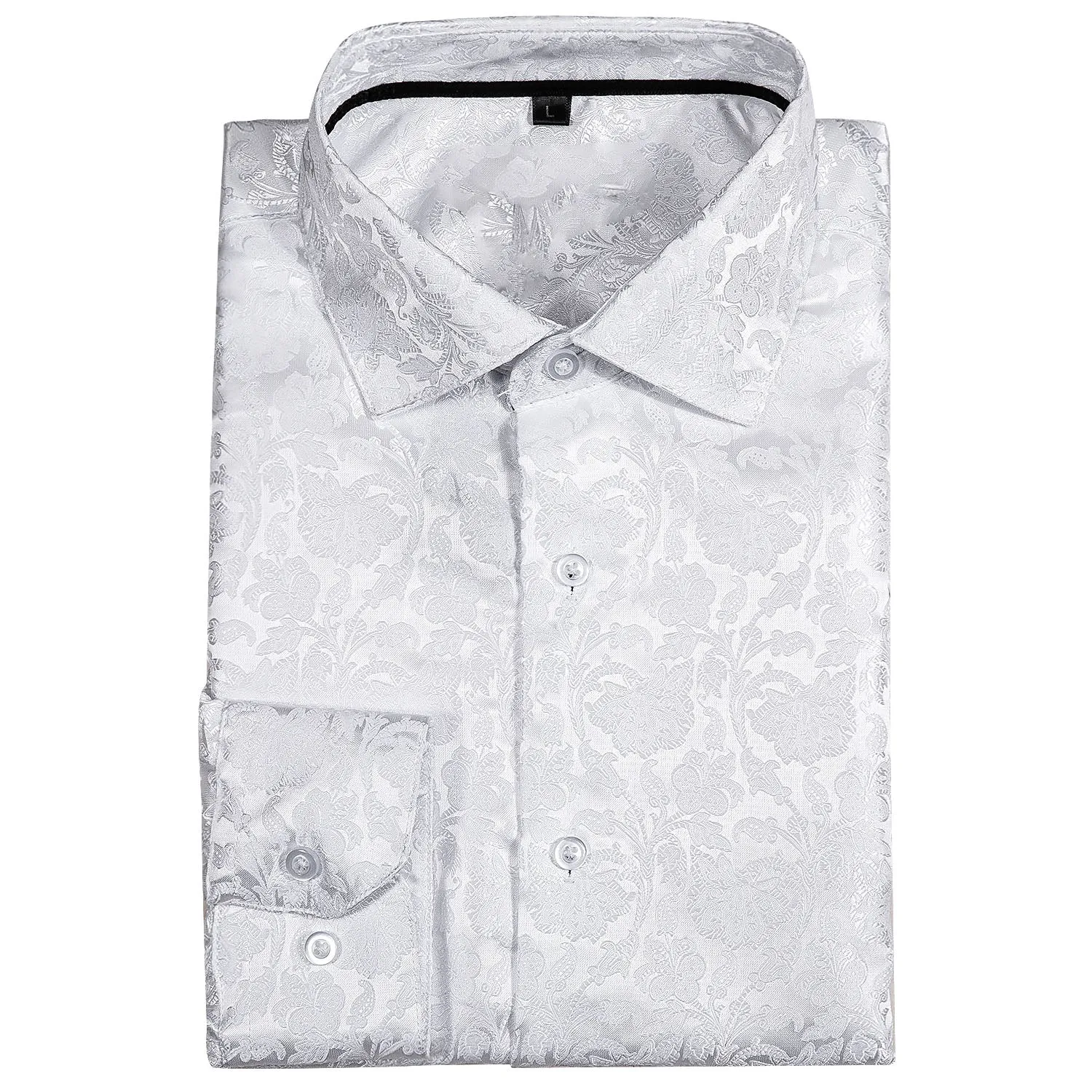 Pure White Floral Silk Men's Long Sleeve Shirt