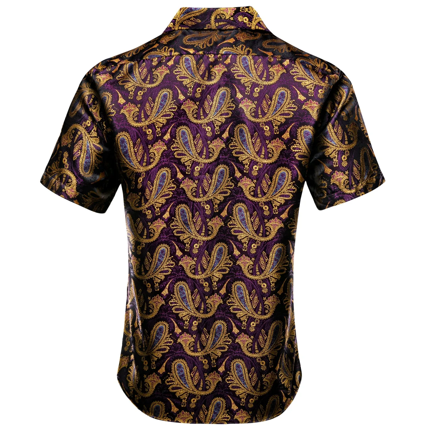 Purple Golden Paisley Silk Men's Short Sleeve Shirt