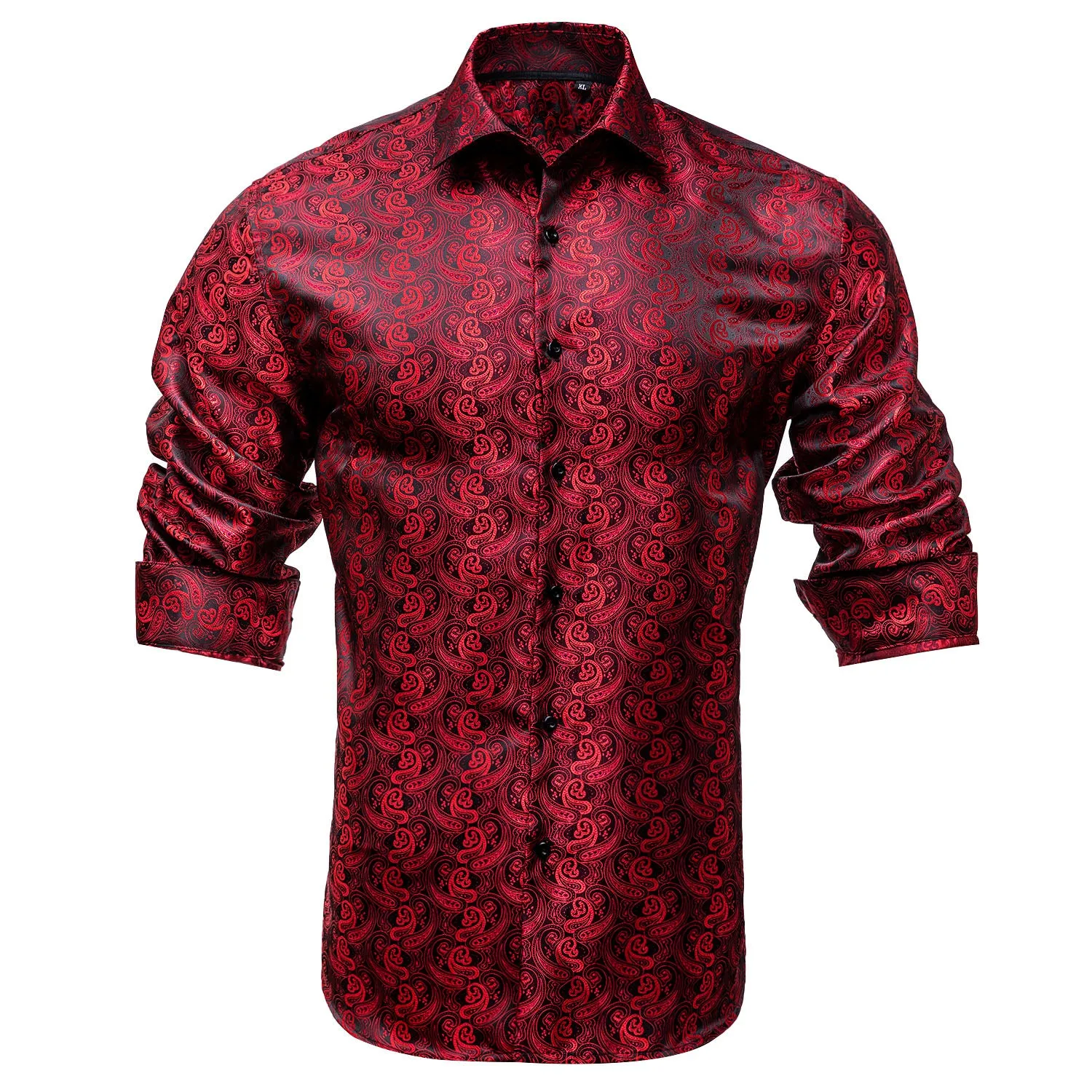 Red Black Paisley Silk Men's Long Sleeve Shirt