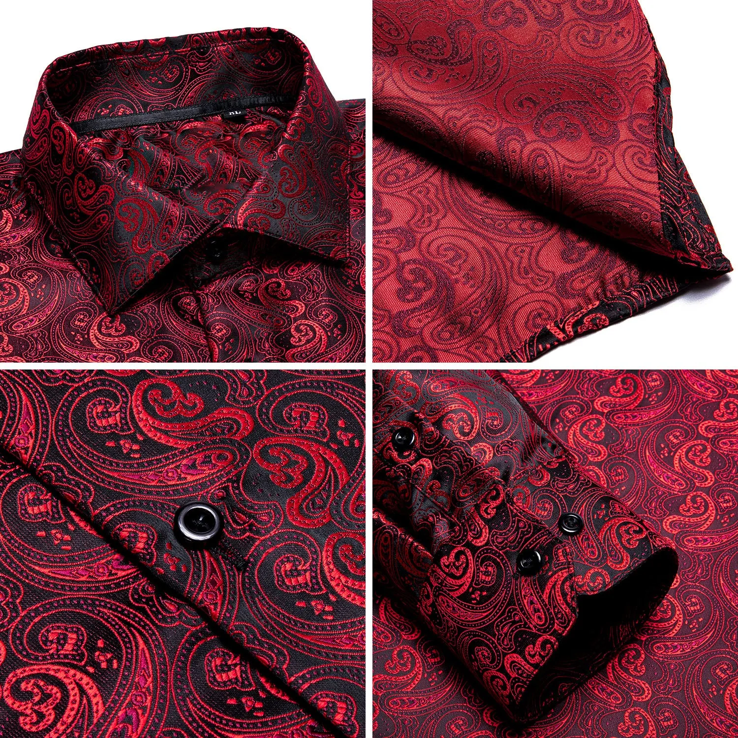 Red Black Paisley Silk Men's Long Sleeve Shirt