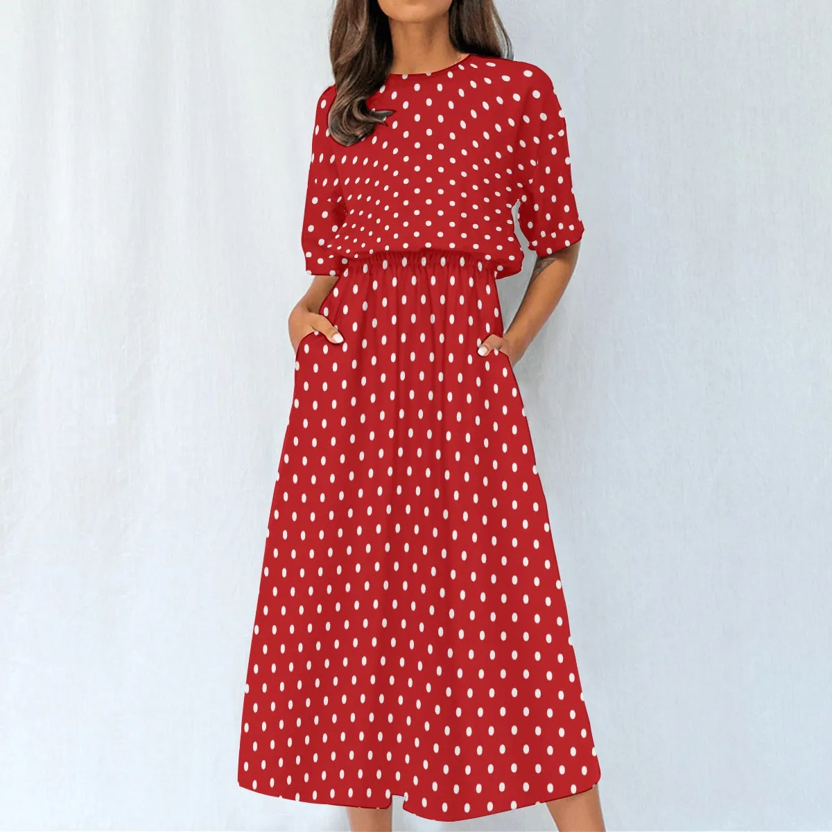 Red White Polka Dots Women Maxi Dress, Elastic Waist Flowy Long Ankle Length Short Sleeve Pockets Boho Spring Summer Cute Ladies Designer