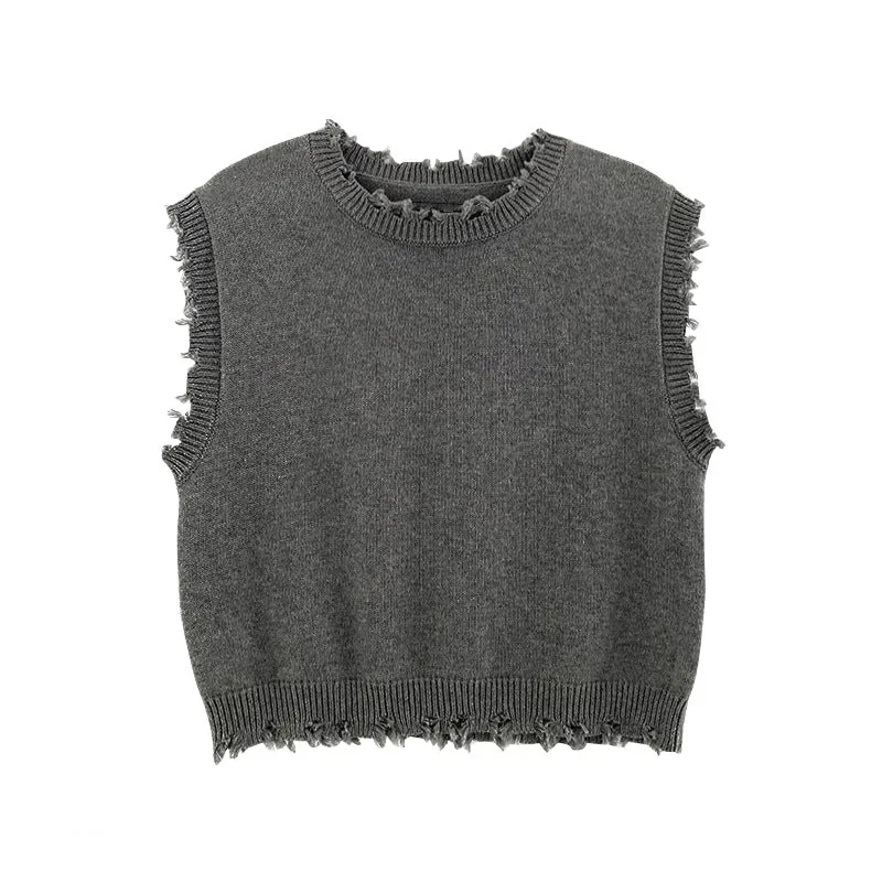 Retro vintage frayed distressed ripped hem round neck knitted vest stacked slim top sweater