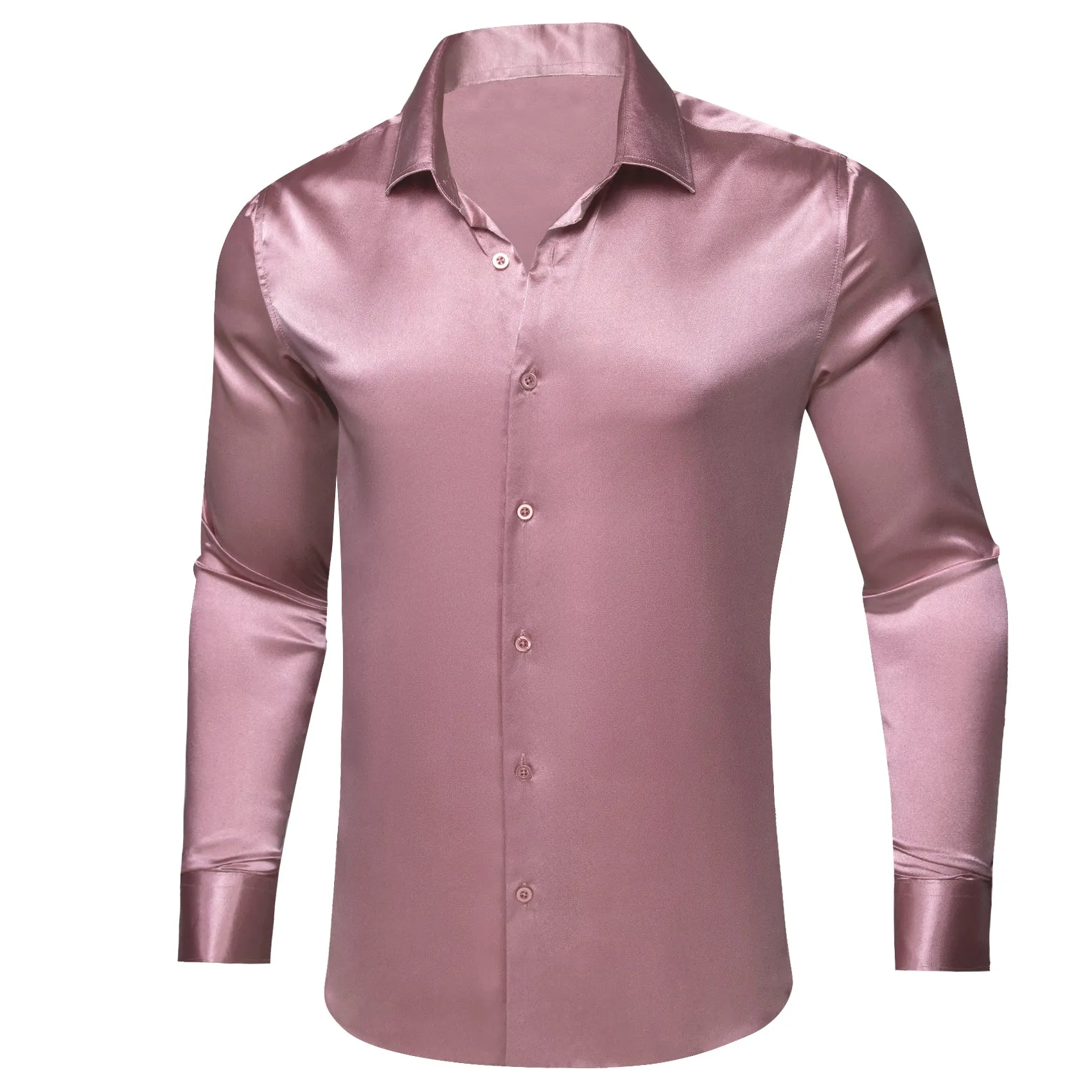 Rose Pink Satin Solid Silk Men's Long Sleeve Shirt