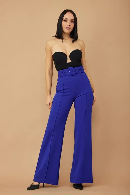 Royal Blue High Waist Pants With Buckle Belt