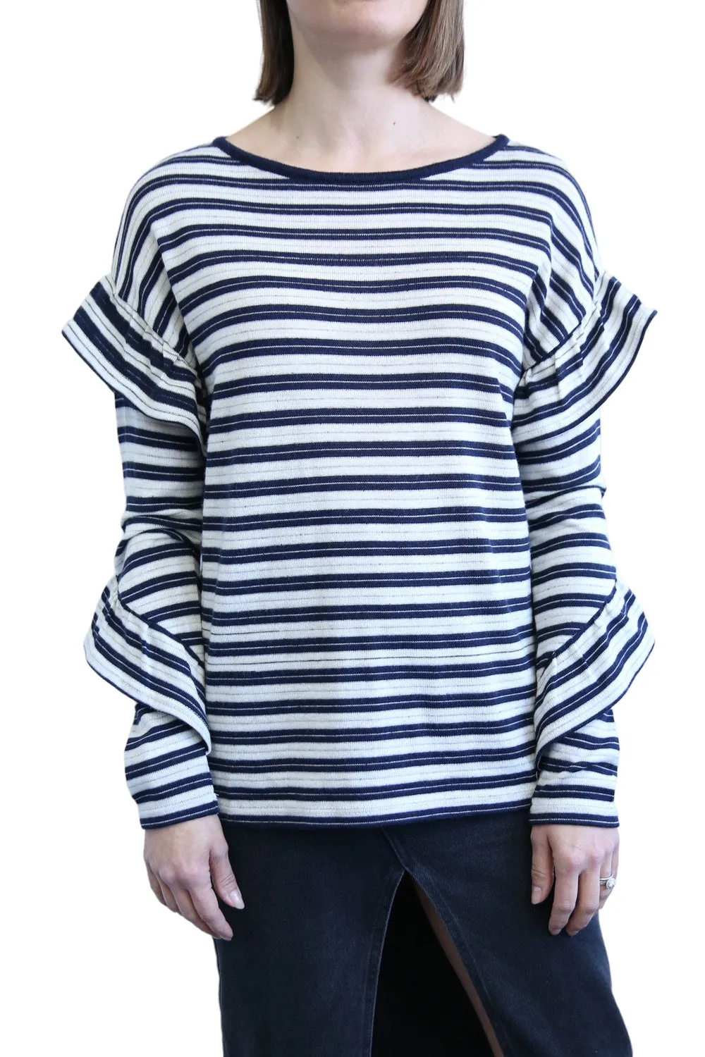 SABATINI STRIPE MERINO FRILL SLEEVE TOP