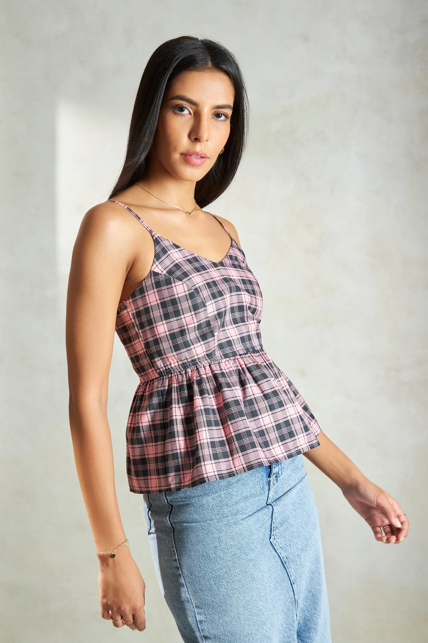 Sandy Top|Checked Peplum Cotton Top