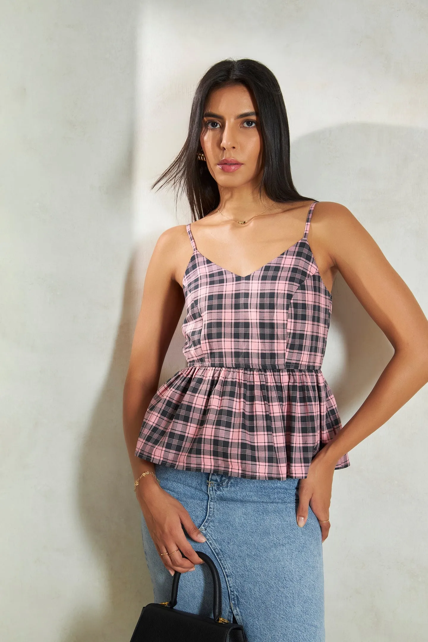 Sandy Top|Checked Peplum Cotton Top