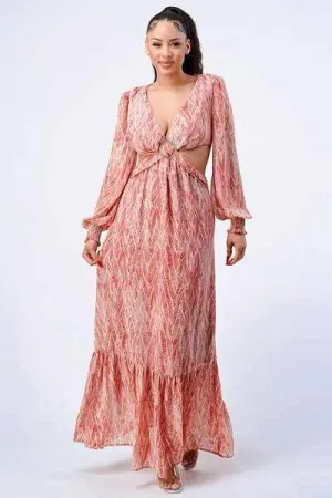 Self Belted Side Cut Out Ruffled Maxi Dress