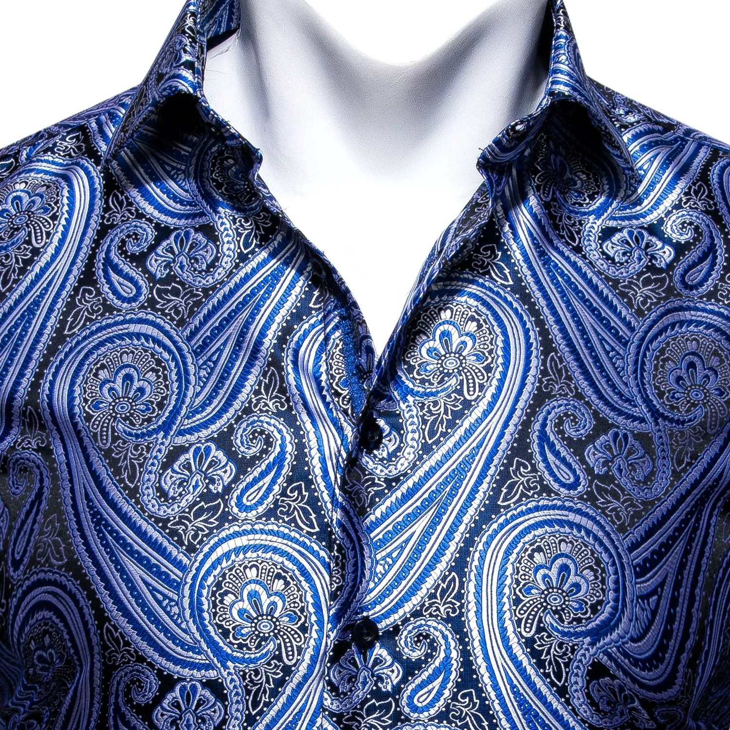 Silver Blue Paisley Style Silk Men's Long Sleeve Shirt