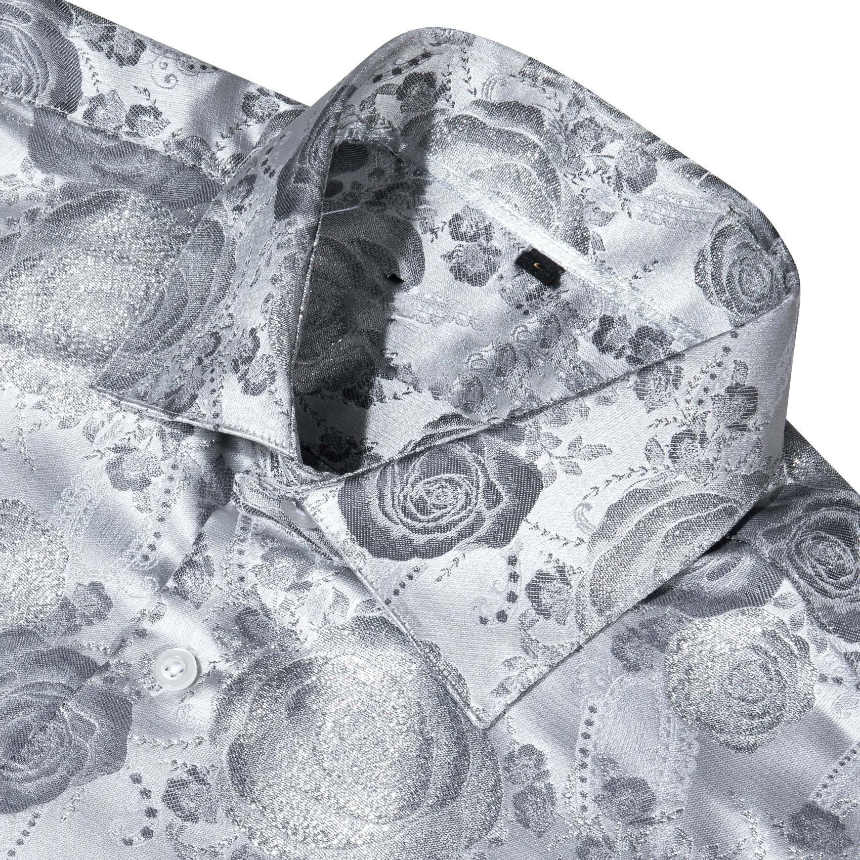 Silver Grey Floral Style Silk Men's Long Sleeve Shirt