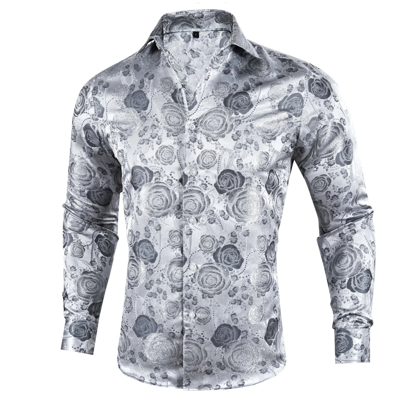 Silver Grey Floral Style Silk Men's Long Sleeve Shirt