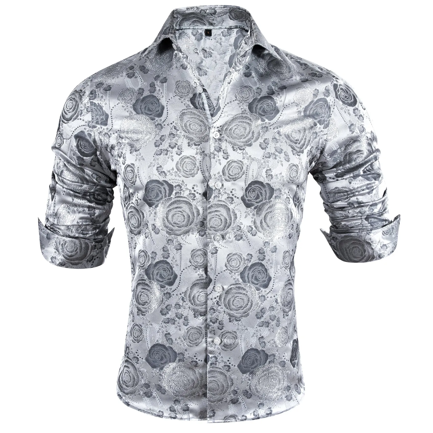 Silver Grey Floral Style Silk Men's Long Sleeve Shirt