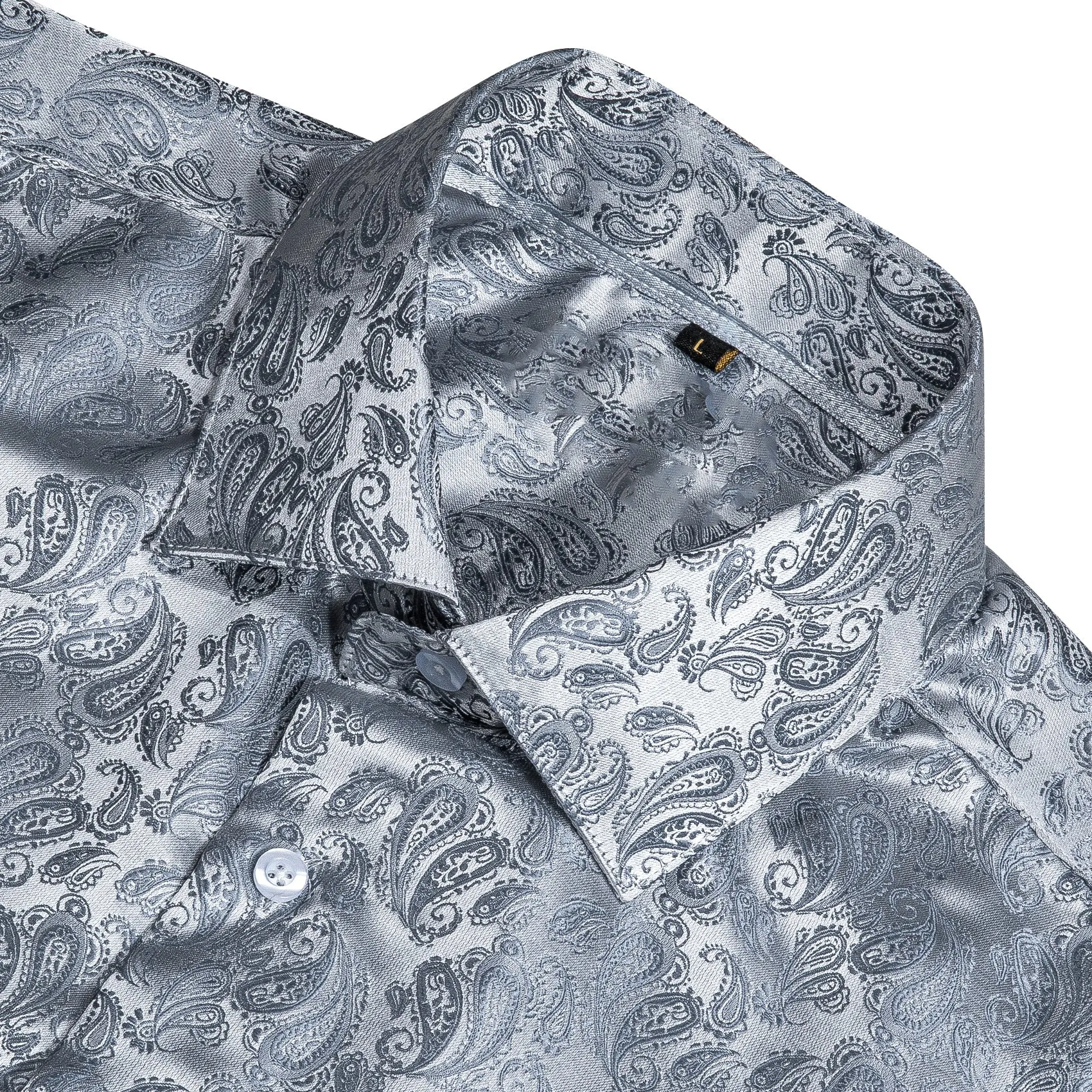 Silver Grey Paisley Style Silk Men's Long Sleeve Shirt