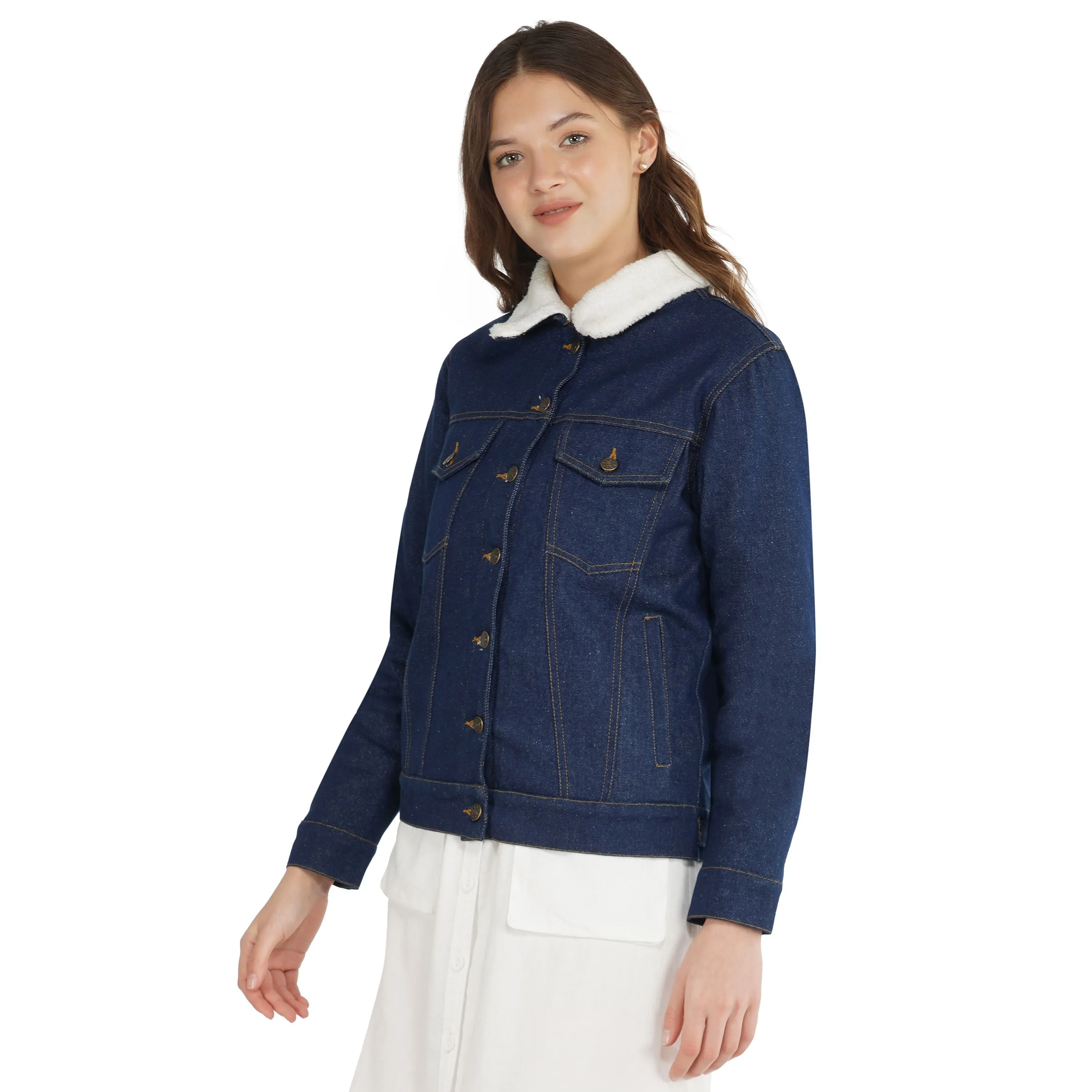 SLAY. Women's Embroidered Denim Navy Blue Jacket with Faux-fur Lining