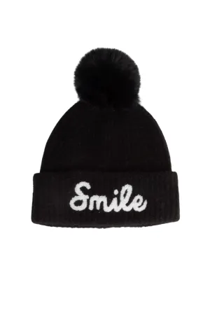 SMILEY emb on cuff Knit Beanie with Faux Fur Pom