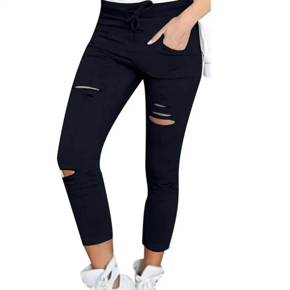 Solid Color Drawstring High Waist Pencil Pants Ripped Skinny Leggings High Waist Pencil Pants Ripped Skinny Leggings