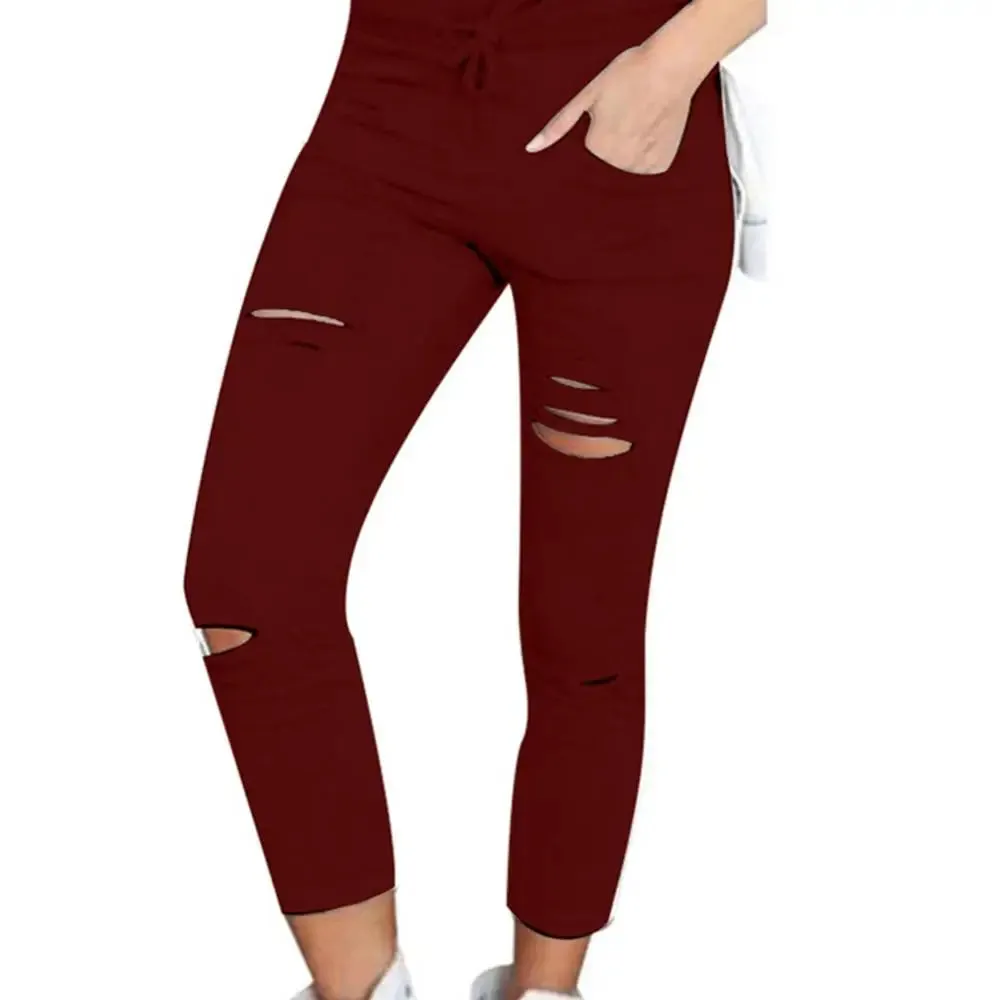 Solid Color Drawstring High Waist Pencil Pants Ripped Skinny Leggings High Waist Pencil Pants Ripped Skinny Leggings