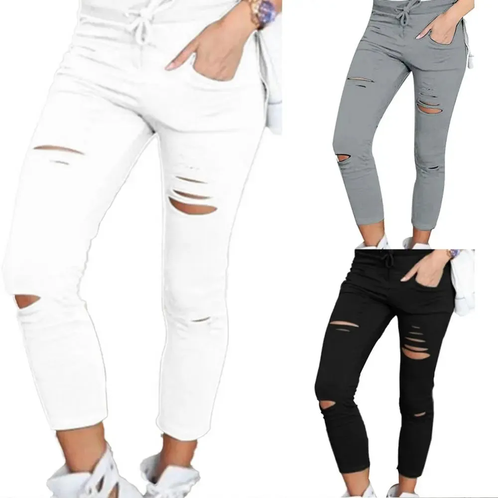 Solid Color Drawstring High Waist Pencil Pants Ripped Skinny Leggings High Waist Pencil Pants Ripped Skinny Leggings