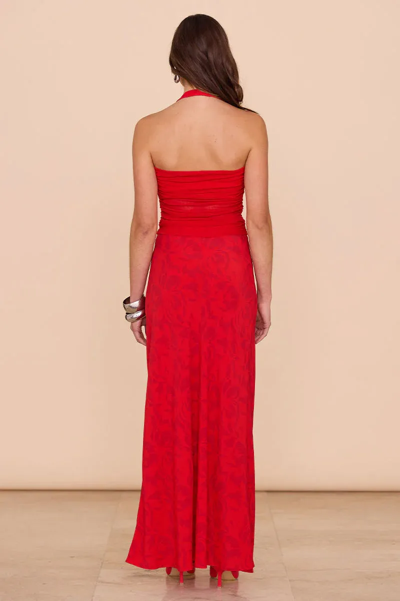 SOVERE - EMBER BIAS-CUT MAXI SKIRT - CHILLI RED