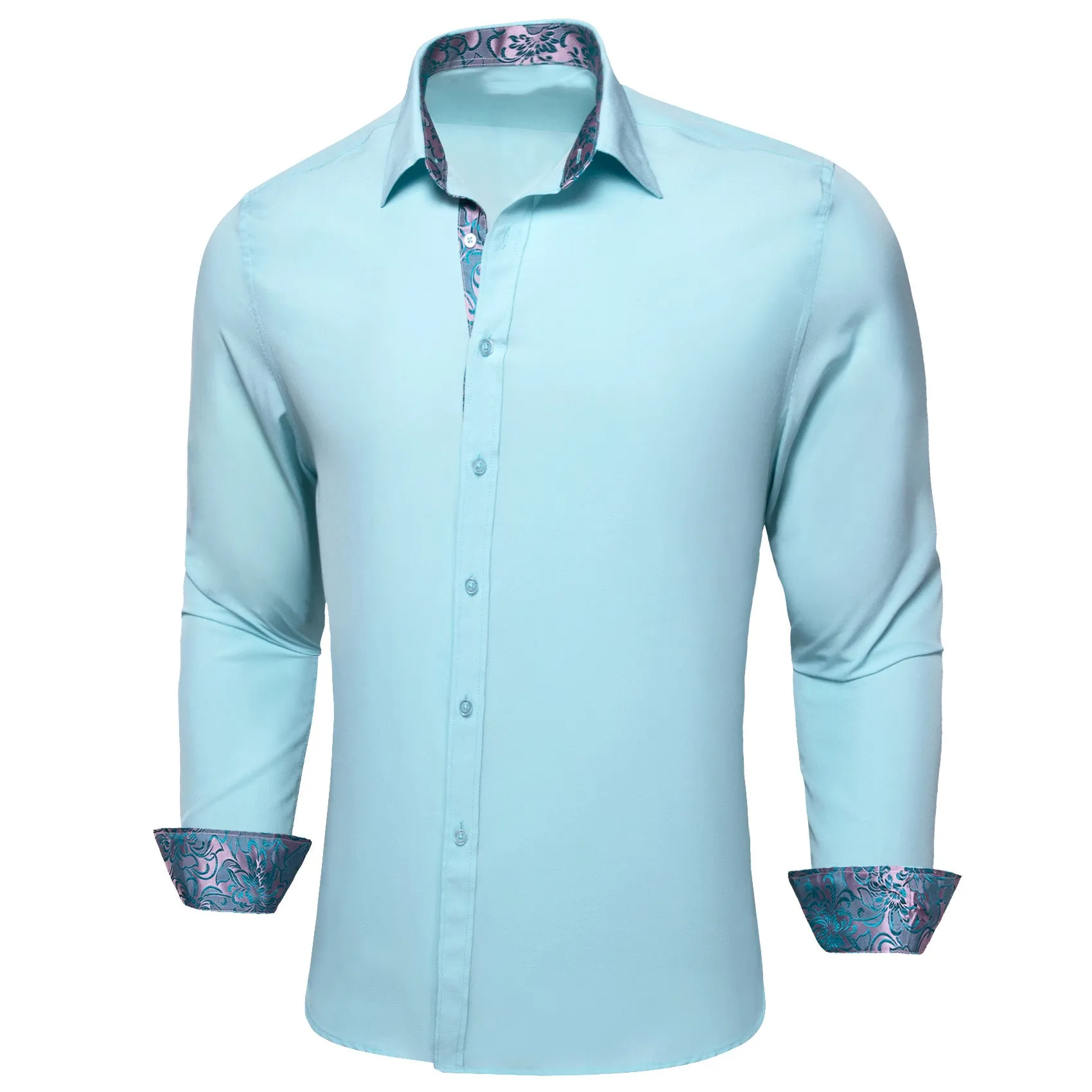 Splicing Style Blue with Silver Blue Floral Edge Men's Long Sleeve Shirt