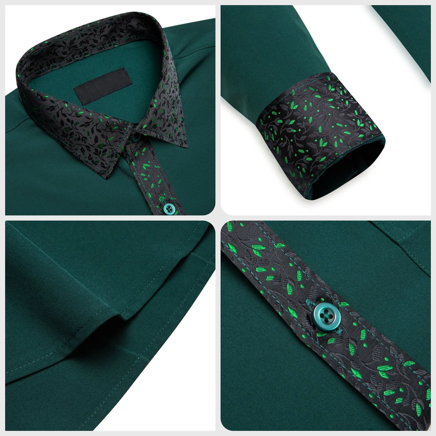 Splicing Style Dark Green with Black Green Floral Leaf Edge Men's Long Sleeve Shirt