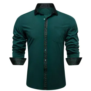 Splicing Style Dark Green with Black Green Floral Leaf Edge Men's Long Sleeve Shirt