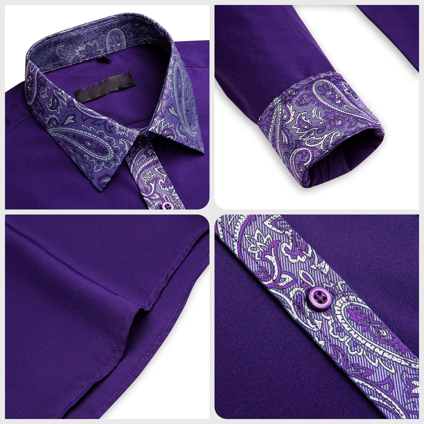 Splicing Style Dark Purple with Purple Paisley Edge Men's Long Sleeve Shirt