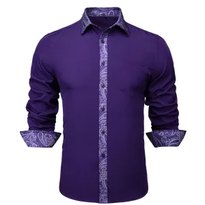 Splicing Style Dark Purple with Purple Paisley Edge Men's Long Sleeve Shirt