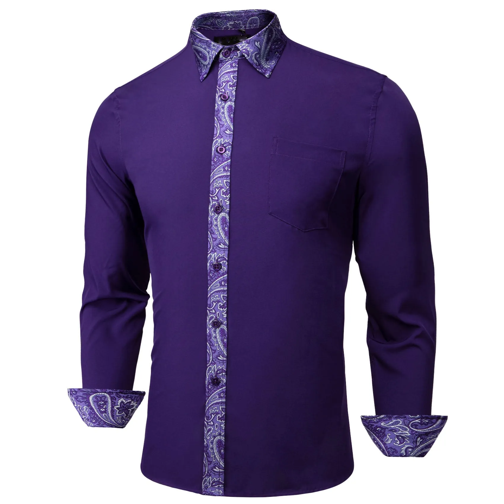 Splicing Style Dark Purple with Purple Paisley Edge Men's Long Sleeve Shirt