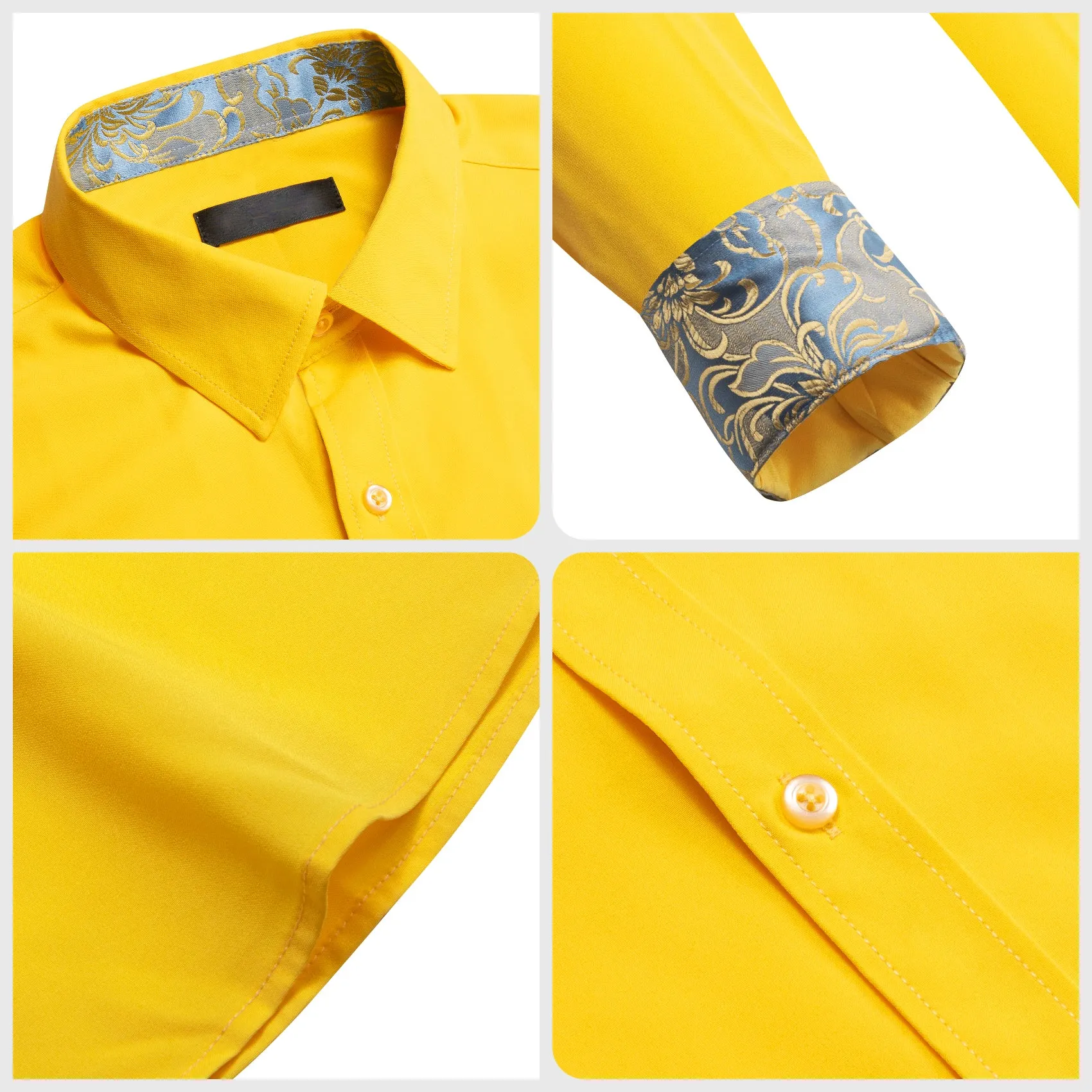 Splicing Style Lemon Yellow with Silver Yellow Floral Edge Men's Long Sleeve Shirt