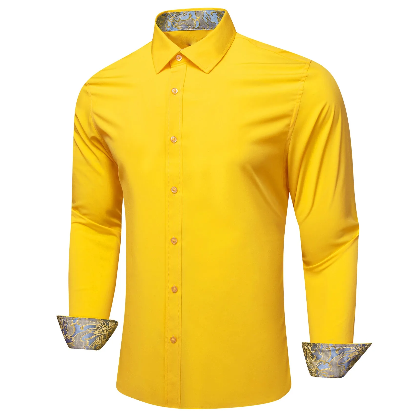 Splicing Style Lemon Yellow with Silver Yellow Floral Edge Men's Long Sleeve Shirt