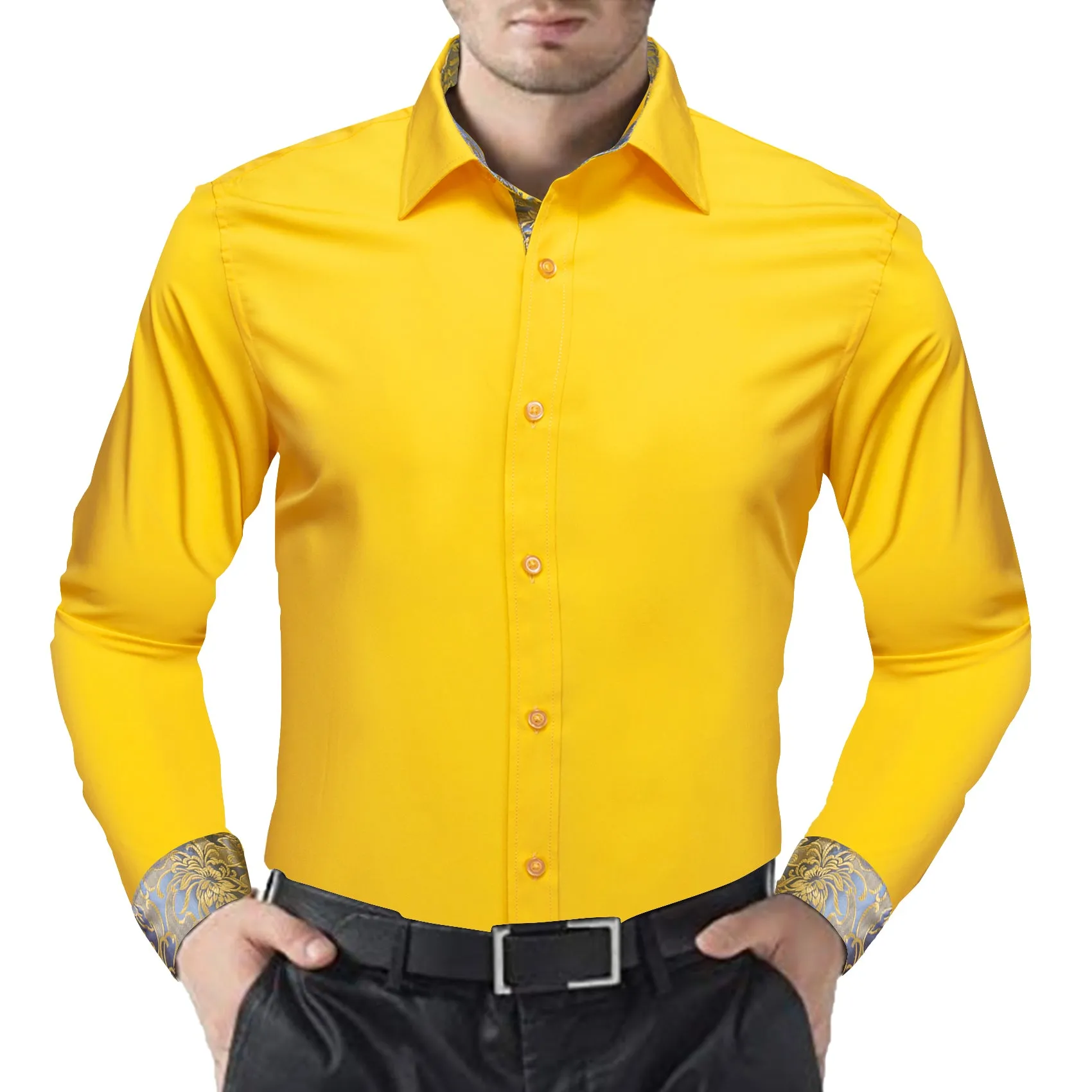 Splicing Style Lemon Yellow with Silver Yellow Floral Edge Men's Long Sleeve Shirt