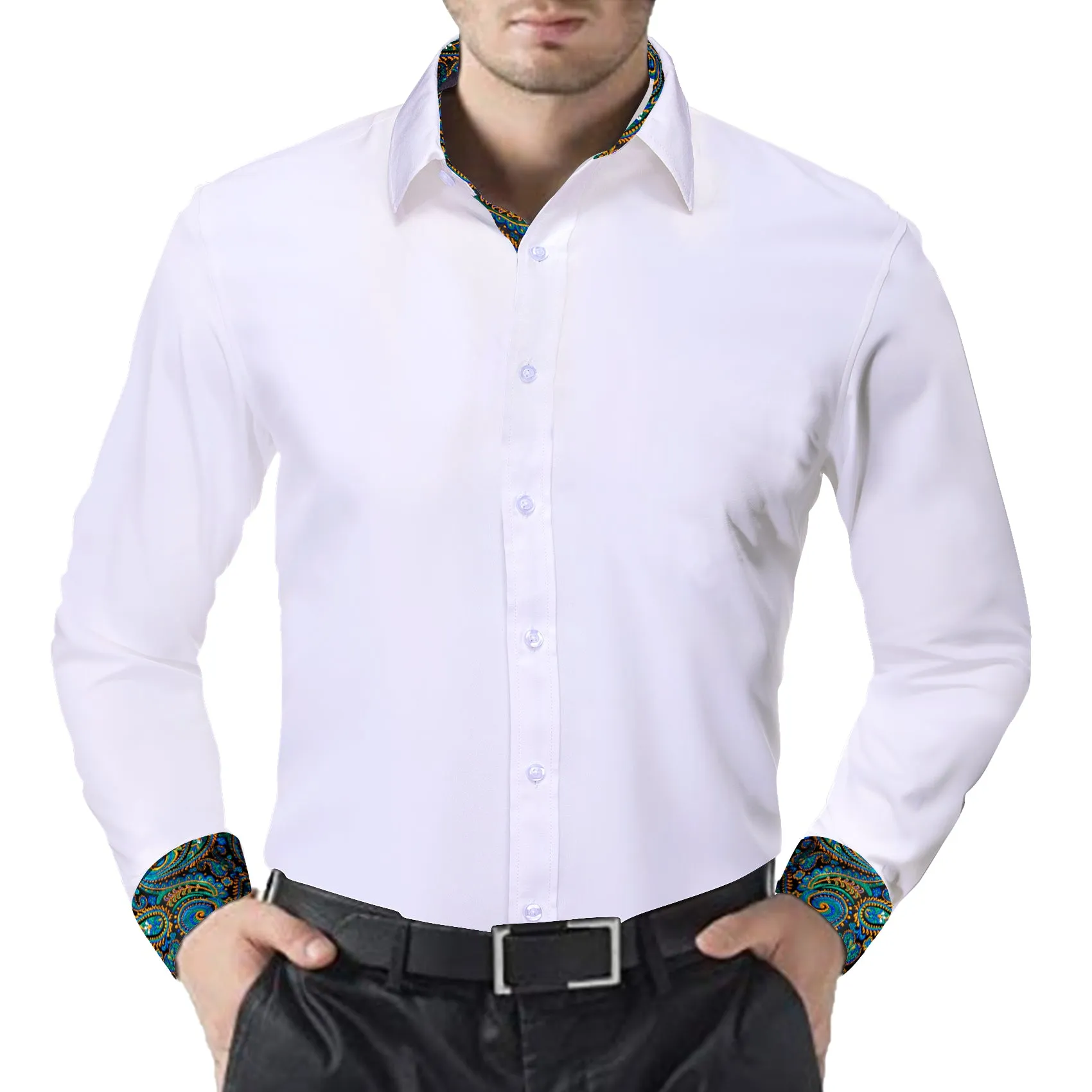 Splicing Style White with Blue Green Paisley Edge Men's Long Sleeve Shirt