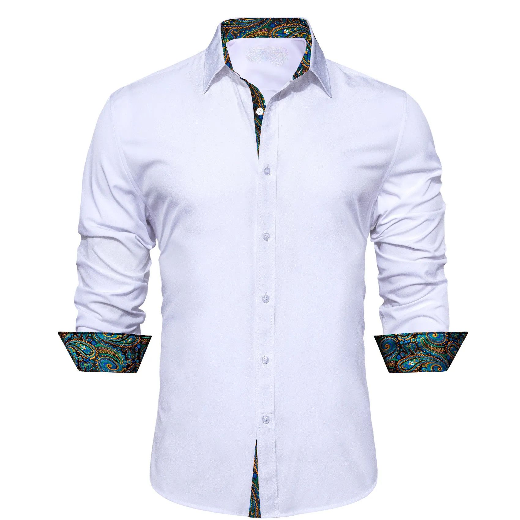 Splicing Style White with Blue Green Paisley Edge Men's Long Sleeve Shirt