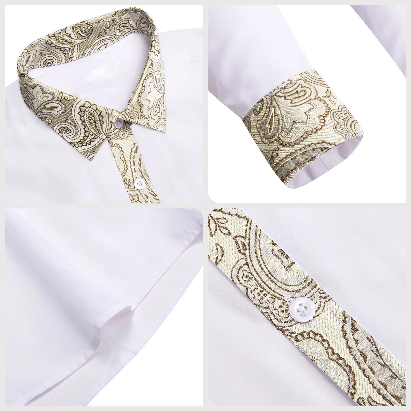 Splicing Style White with Champagne Paisley Edge Men's Long Sleeve Shirt