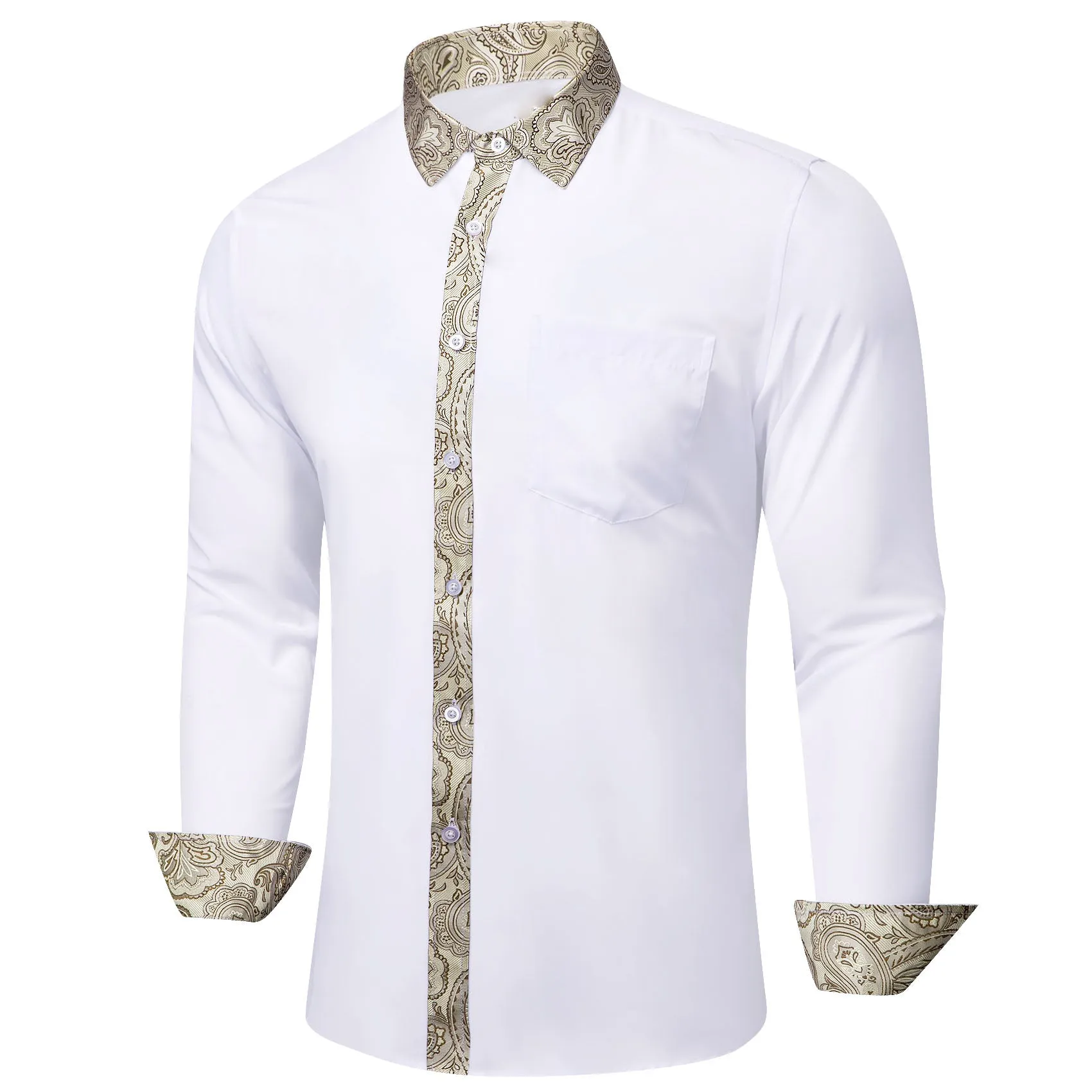 Splicing Style White with Champagne Paisley Edge Men's Long Sleeve Shirt