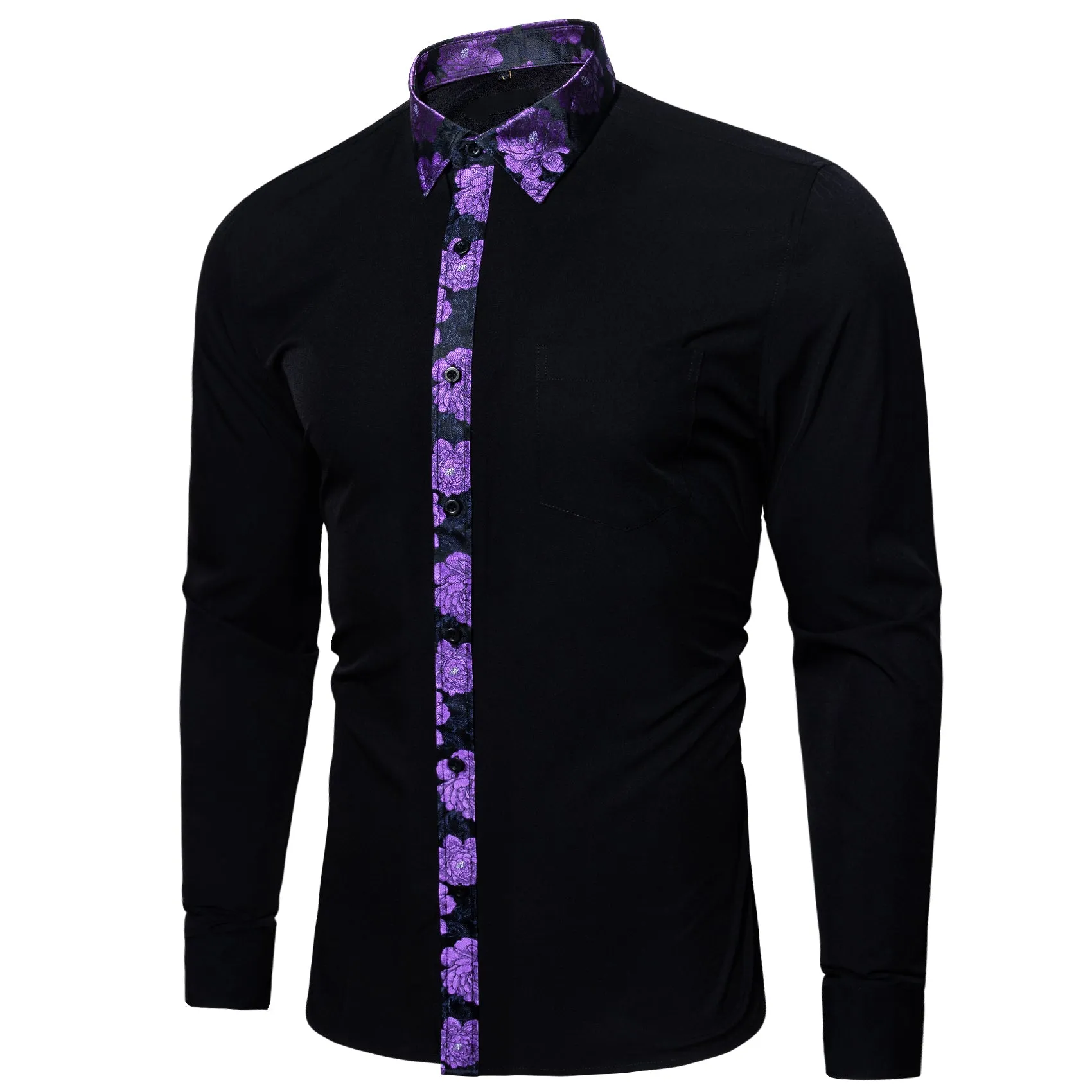 Splicing Style White with Purple Floral Edge Men's Long Sleeve Shirt