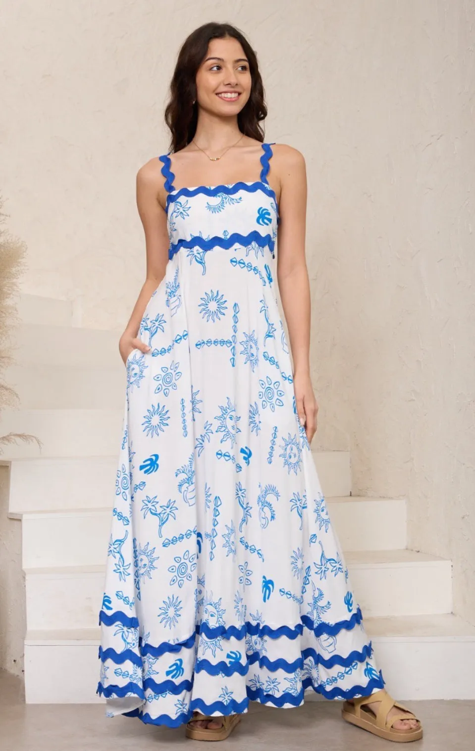 Summer Blue Sun  Ric Rac Maxi Dress