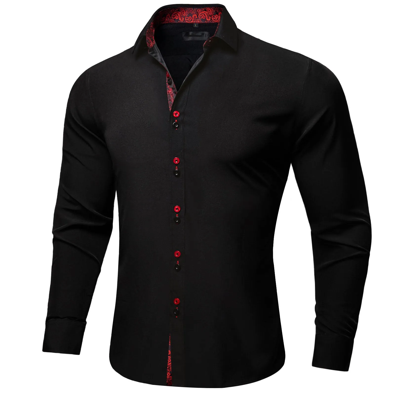 Ties2you Button Down Shirt Black Red Paisley Stitching Silk Men's Long Sleeve Shirt