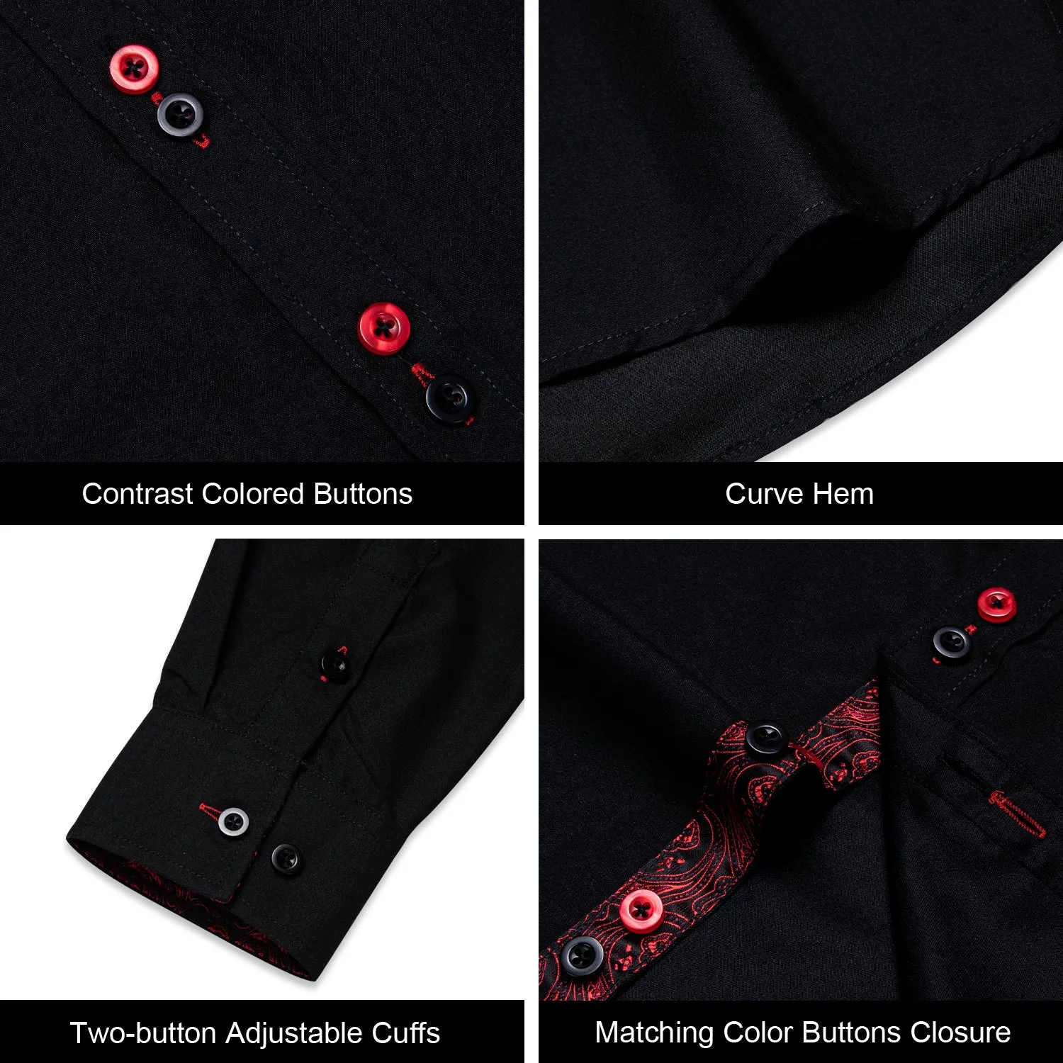 Ties2you Button Down Shirt Black Red Paisley Stitching Silk Men's Long Sleeve Shirt