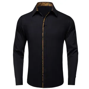 Ties2you Button Down Shirt Black Solid Gold Splicing Mens Silk Shirt