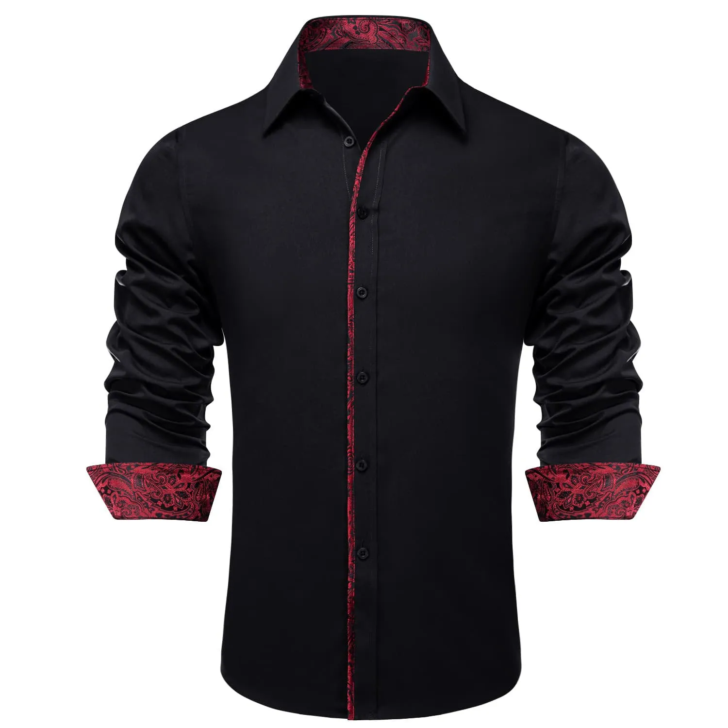 Ties2you Button Down Shirt Black Solid Red Splicing Mens Silk Shirt