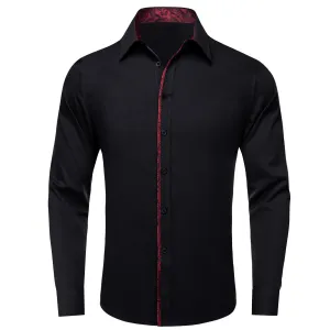 Ties2you Button Down Shirt Black Solid Red Splicing Mens Silk Shirt